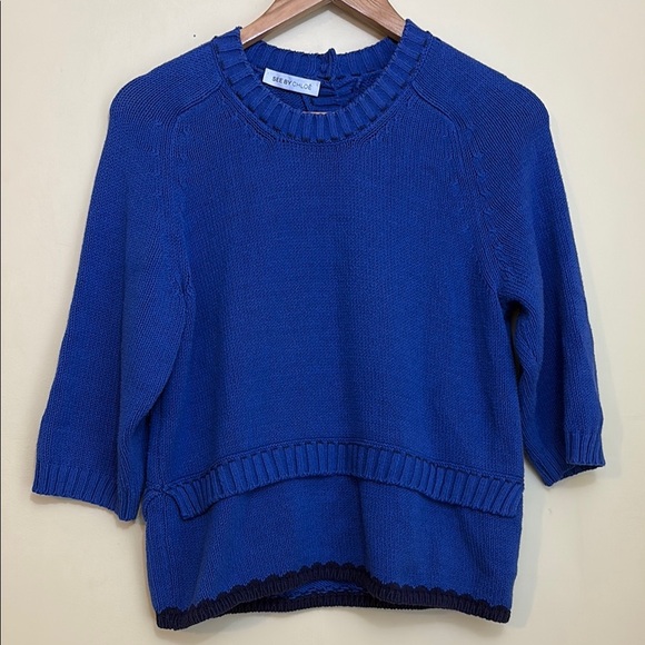 See by Chloe | Royal Blue Knit 3/4 Sleeve Pullover Italy Cotton Blend Sweater M - Picture 1 of 17